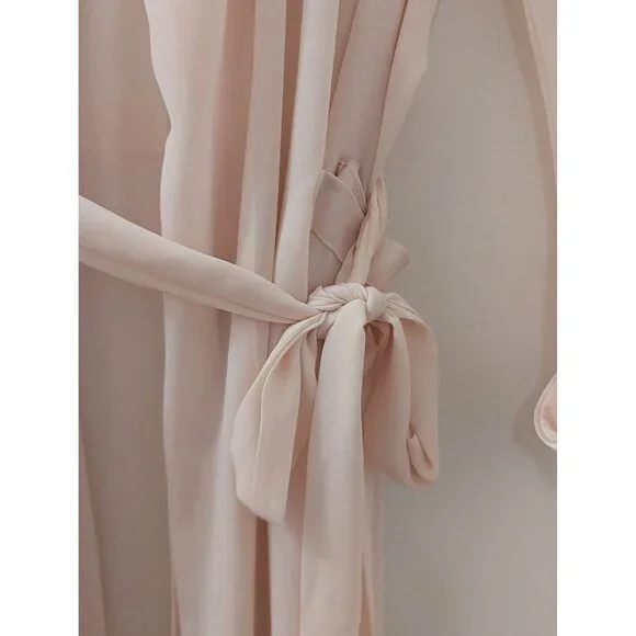 1980's Victoria Secret Sheer Beige Long Robe With Tie Waist & Pocket Detail